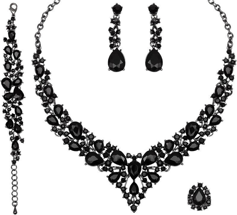 CSY 4 Pcs/Set Austrian Crystal Necklace Earrings Bracelet Ring Bridal Jewelry Sets for Brides Wedding Party Costume Accessories Gifts for Women - Image 1